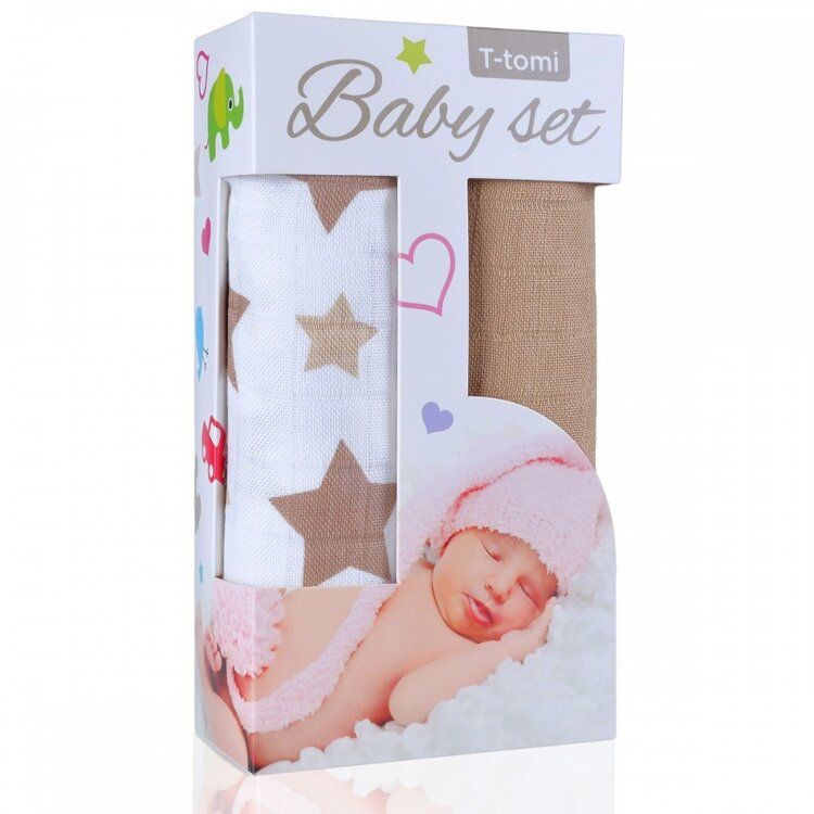 T-TOMI Baby set - osuška bambusová hviezdičky + osuška bambusová béžová