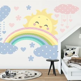 DomTextilu Krásna nálepka na stenu v pastelových farbách slniečko dúha a mraky 150 x 300 cm 46593-217495  