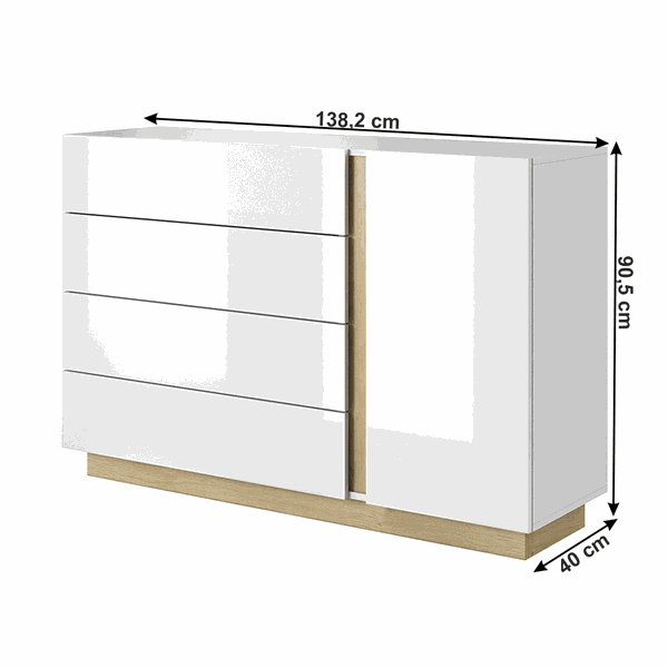 Komoda D4S, biela/dub grandson/biely lesk, CITY