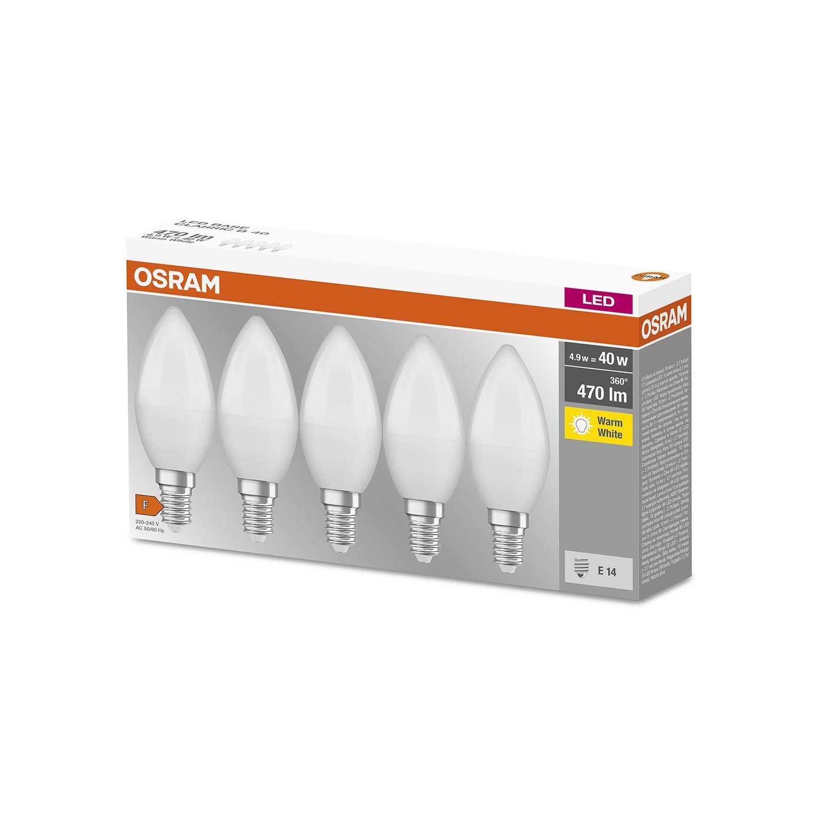 OSRAM Base Classic B LED sviečka E14 4, 9W 5ks, plast, E14, 4.9W, Energialuokka: F, P: 10 cm