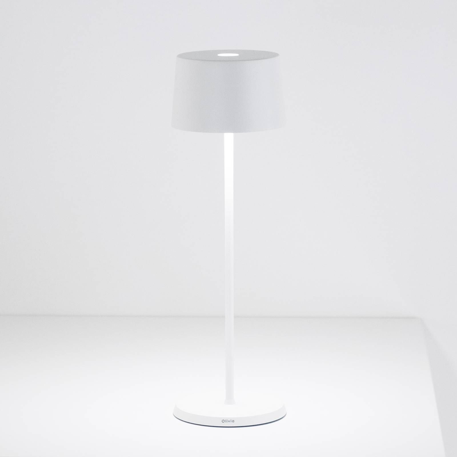 Zafferano Olivia stolová lampa batéria IP65 biela, Obývacia izba / jedáleň, hliník, hranolový polykarbonát, 2W, K: 35cm