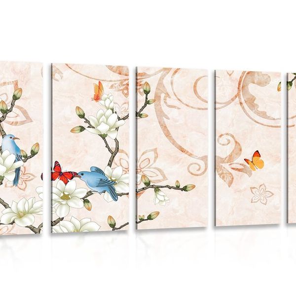 5-dielny obraz vintage zátišie s vtáčikmi a motýľmi - 100x50