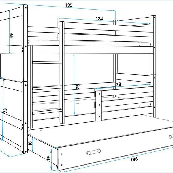 Poschodová posteľ s prístelkou RICO 3 - 190x80cm - Grafitový - Modrý