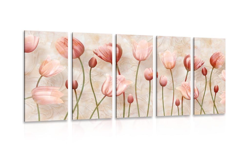 5-dielny obraz staroružové tulipány - 100x50