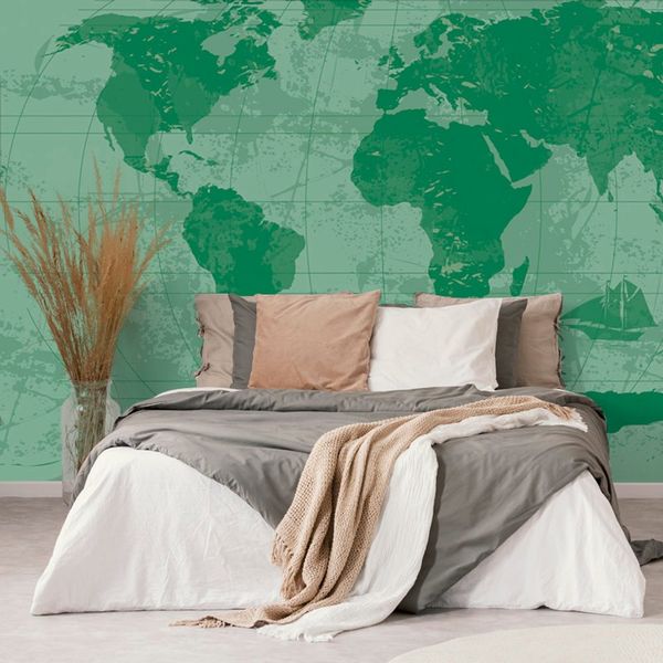 Samolepiaca tapeta rustikálna mapa sveta v zelenej farbe - 225x150