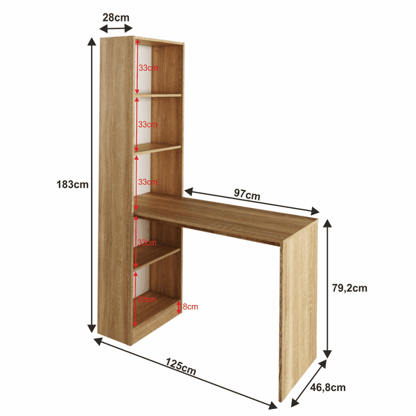 Viacúčelový stôl s regálom, dub sonoma, 120x50 cm, JASMIN