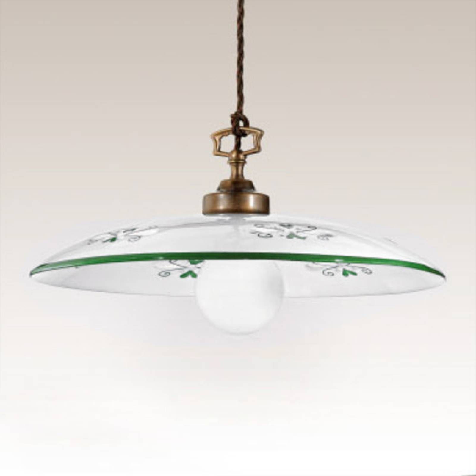 Cremasco Závesná lampa Bassano, 1-plameňová, zelené detaily, Obývacia izba / jedáleň, keramika, mosadz, E27, 100W