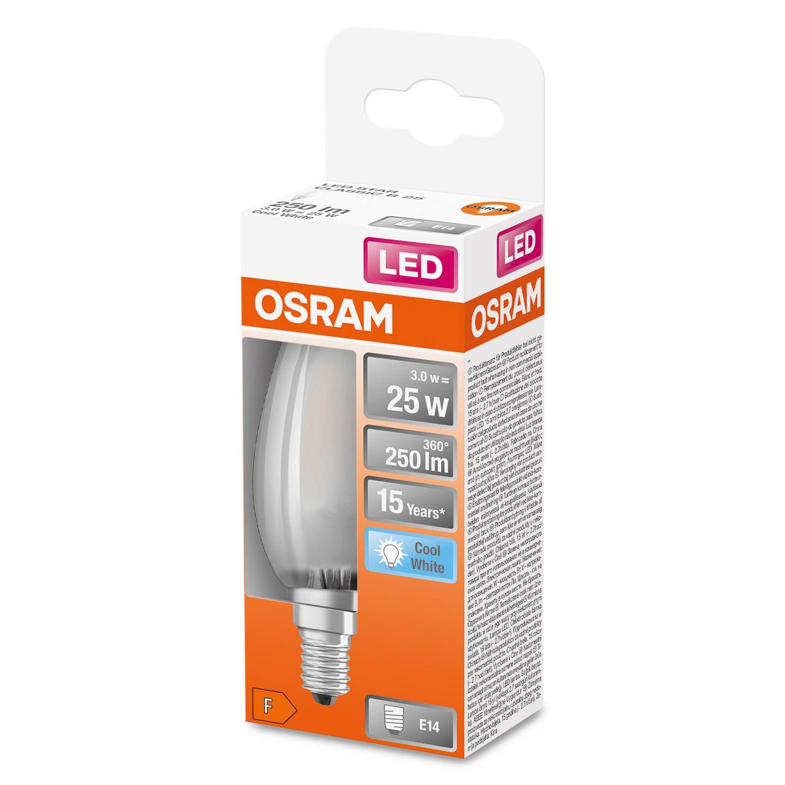 OSRAM LED sviečka E14 Classic B 2, 5W 4 000K matná, E14, 2.5W, Energialuokka: F, P: 10 cm