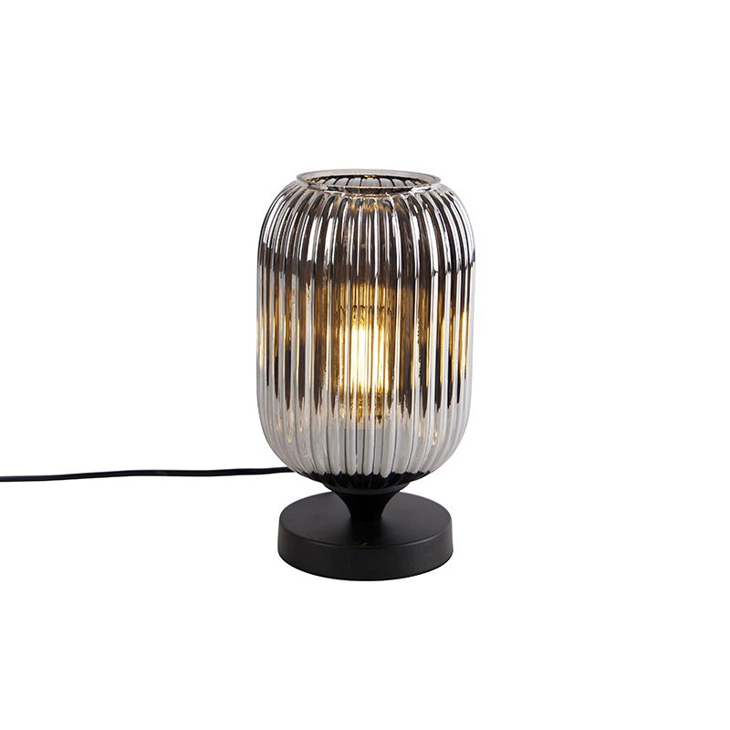 Stolná lampa v štýle art deco čierna s dymovým sklom - Banci