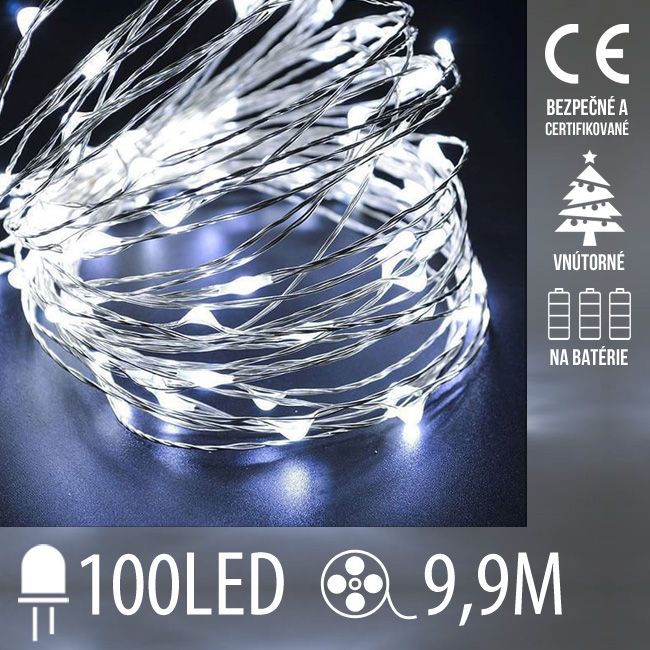 Vianočná LED svetelná mikro reťaz na batérie - 100LED - 9,9M Studená biela