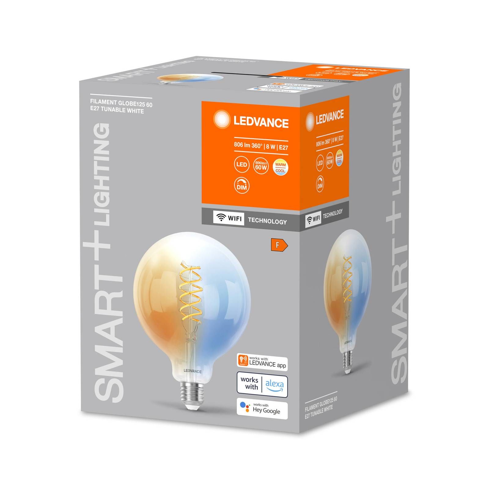 LEDVANCE SMART+ WiFi E27 8W LED G125 číra 827-865, sklo, E27, 8W, Energialuokka: F, P: 17.3 cm