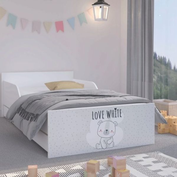 DomTextilu Roztomilá detská posteľ 180 x 90 cm so sivým čelom a macíkom  Biela 46919