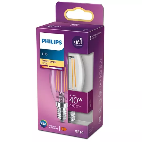 Philips 8718699763077 LED žiarovka 4,3W/40W 470lm E14 2700K B35 filament sviečka