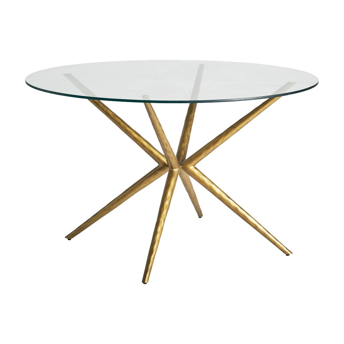 Estila Luxusný Art-Deco okrúhly jedálenský stôl Sursee s prekríženými zlatými nožičkami a sklenenou vrchnou doskou 121cm