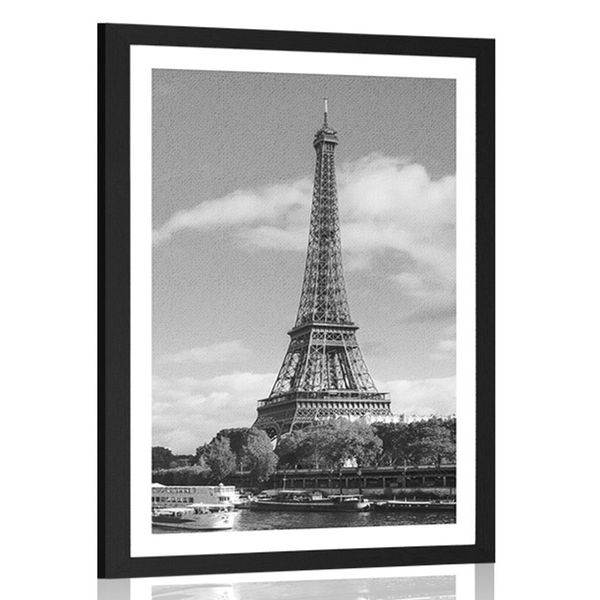 Plagát s paspartou nádherná panoráma Paríža v čiernobielom prevedení - 60x90 white
