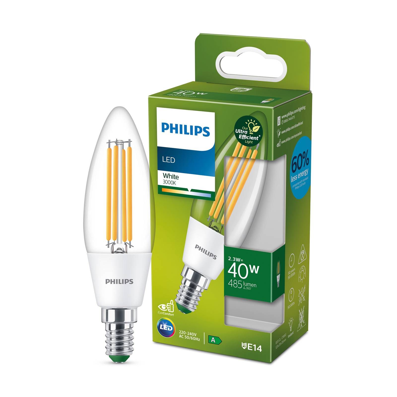Philips LED žiarovka E14 2, 3W 485lm číra 3 000K, sklo, E14, 2.3W, Energialuokka: A, P: 12.5 cm