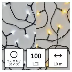 LED vianočná reťaz 2v1, 10 m, vonkajšia aj vnútorná, teplá/studená biela, programy