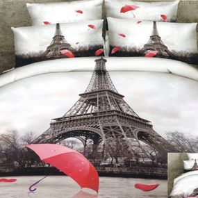 DomTextilu Bielo hnedé posteľné obliečky s motívom mesta Paríž a červeným dáždnikom 160 x 200 cm  Biela 3237