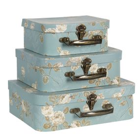 Set 3 ks úložných tyrkysových kufríkov s kvetmi - 30 * 21 * 9 cm / 25 * 18 * 9 cm / 20 * 16 * 8 cm