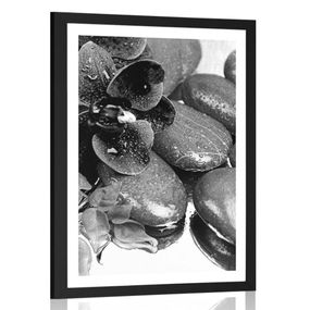 Plagát s paspartou kvitnúca orchidea a wellness kamene v čiernobielom prevedení - 40x60 black