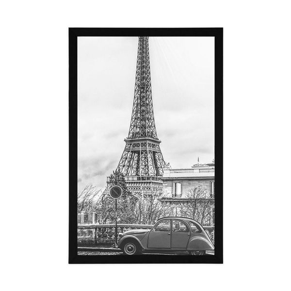 Plagát pohľad na Eiffelovu vežu z ulice Paríža v čiernobielom prevedení - 30x45 white