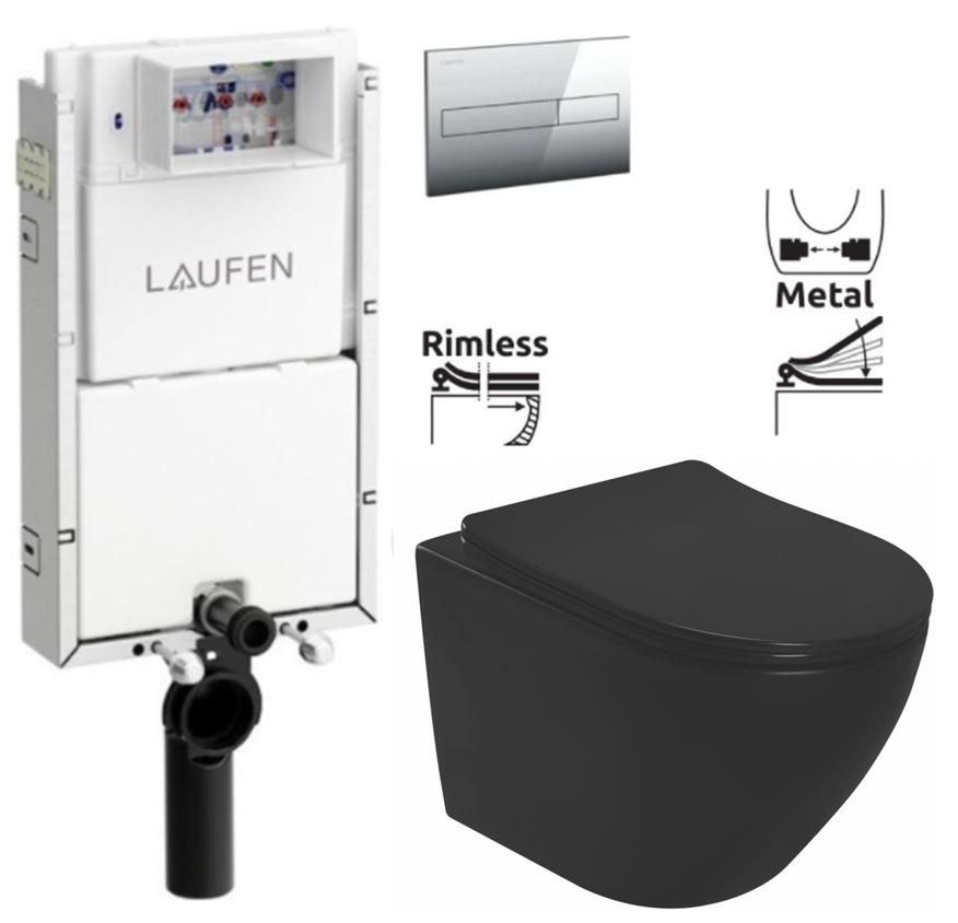 LAUFEN Podomít. systém LIS TW1 SET s chrómovým tlačidlom + WC REA CARLO MINI RIMLESS ČIERNY MAT + SEDADLO H8946630000001CR MM1