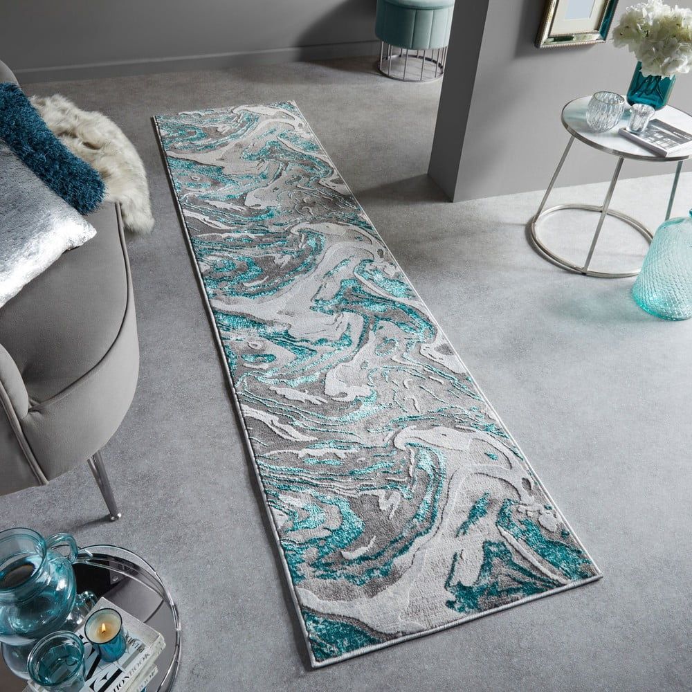 Sivo-modrý behúň Flair Rugs Marbled, 60 x 230 cm