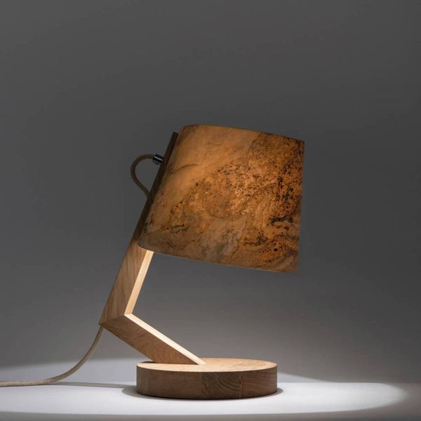 Almut von Wildheim ALMUT 1411 stolná lampa, valcovitá Ø 23 cm kameň, Obývacia izba / jedáleň, dubové drevo, farebná bridlica, E27, 52W, L: 23 cm, K: 40cm