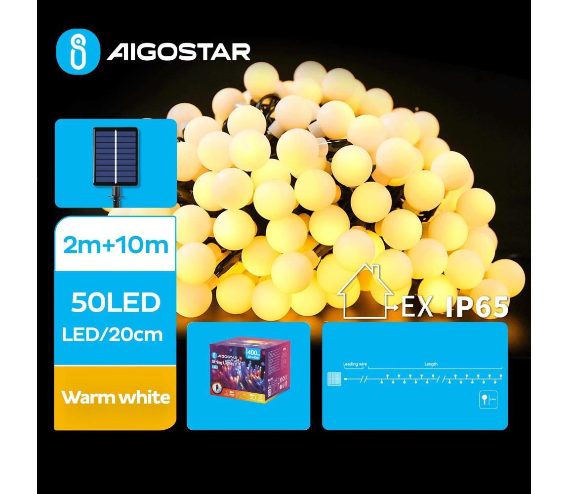 Aigostar - LED Solárna dekoračná reťaz 50xLED/8 funkcií 12m IP65 teplá biela