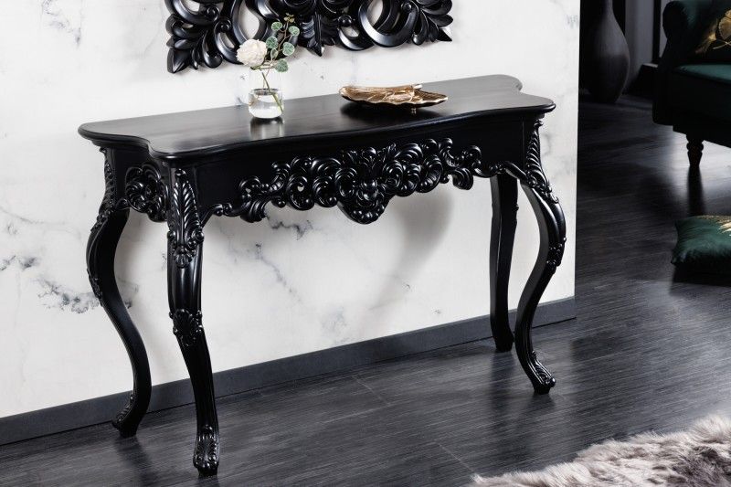 Estila Barokový luxusný konzolový stolík Muriel z dreva a polyresinu v matnej čiernej farbe s vyrezávaným zdobením 110cm