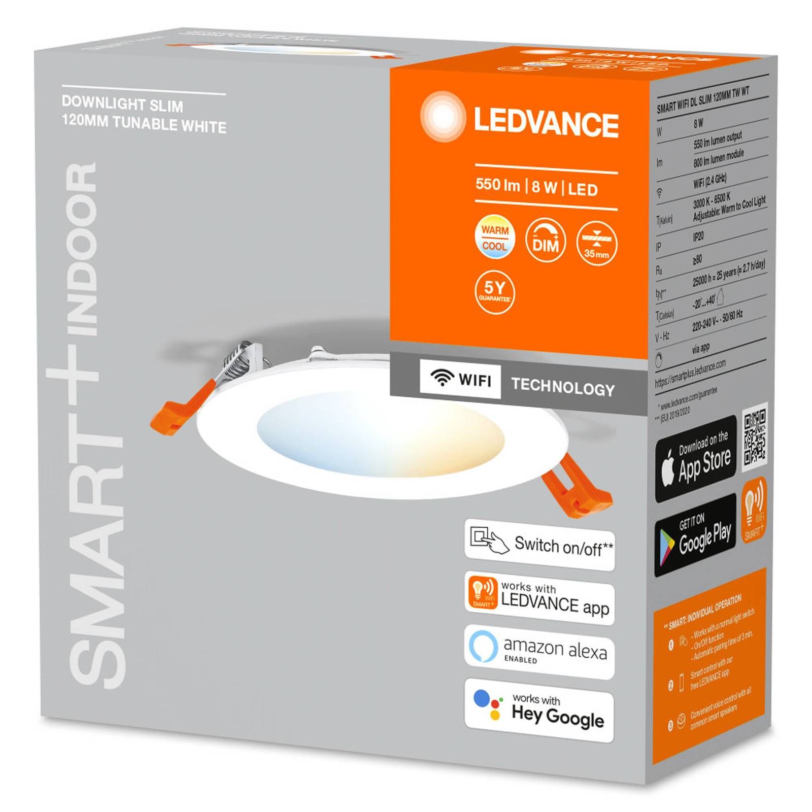 LEDVANCE SMART+ WiFi Orbis Downlight Slim Ø 12 cm, Kúpeľňa, plast, 8W, K: 3.5cm