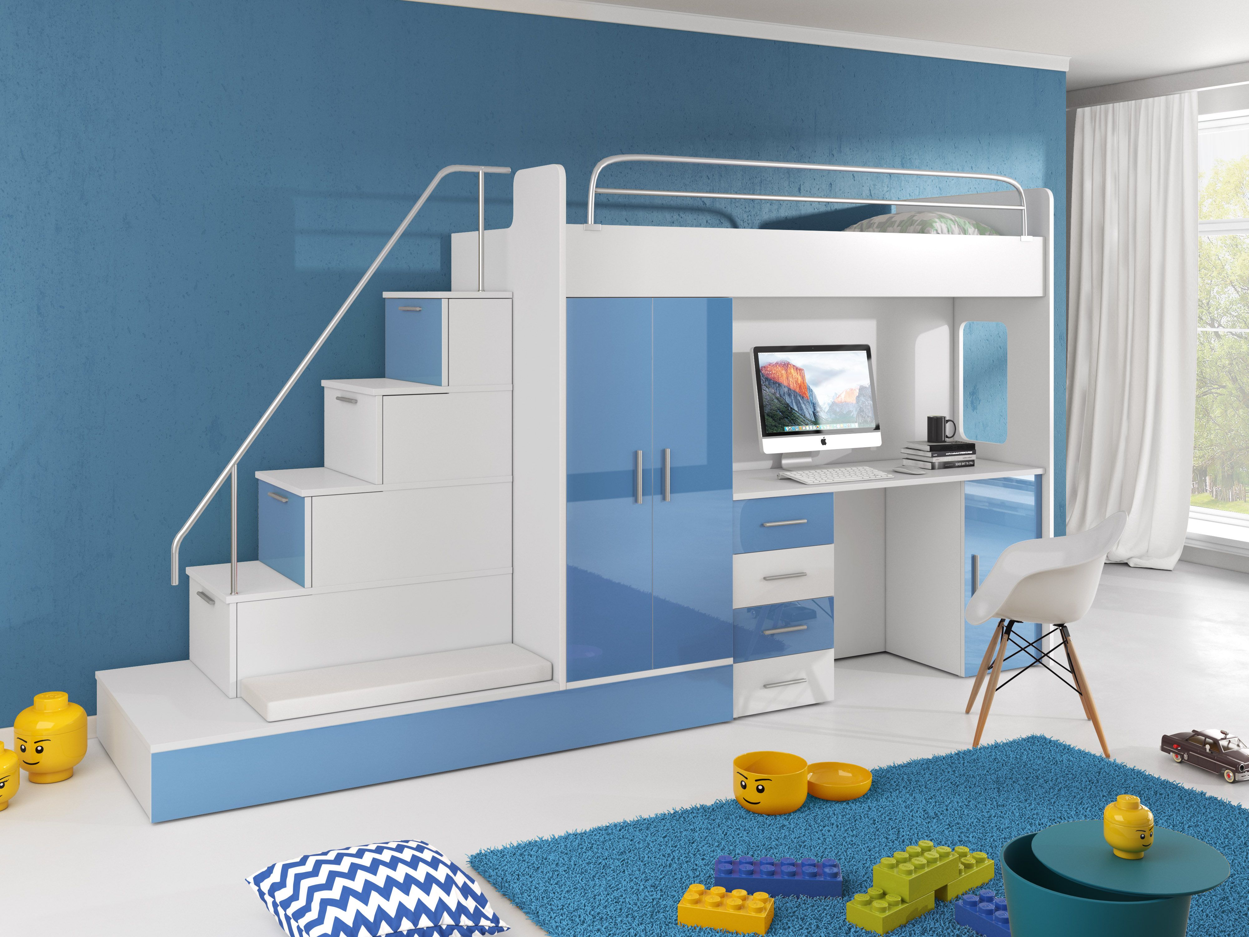 Detská posteľ Ruby V (Biela + Modrá) (s roštom a matracom)