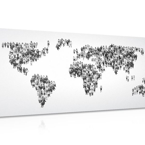 Obraz na korku mapa sveta pozostávajúca z ľudí v čiernobielom prevedení - 120x60  transparent