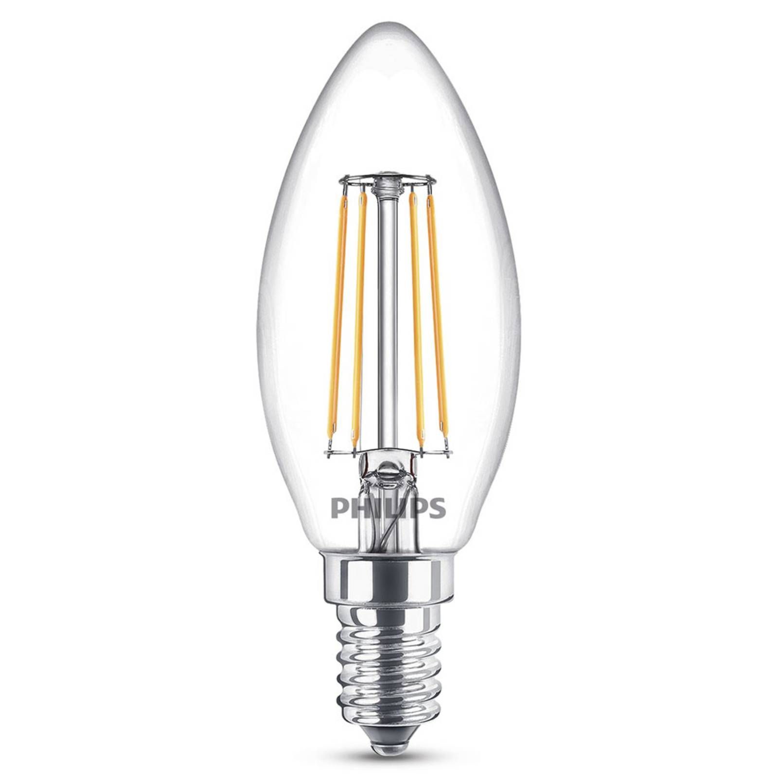 Philips E14 LED sviečka 4, 3 W teplá biela filament, E14, 4.3W, Energialuokka: F, P: 9.7 cm
