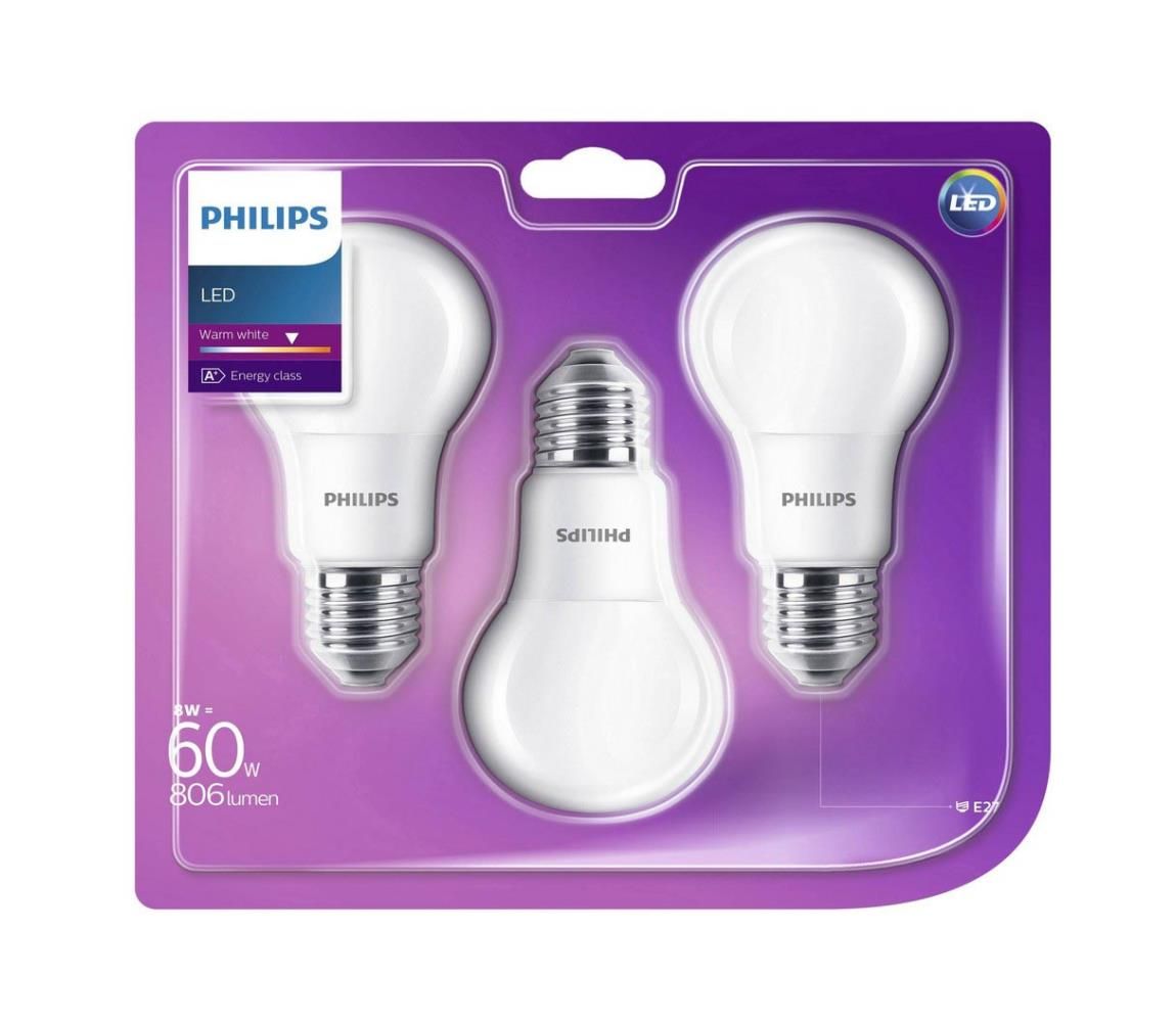 SADA 3x LED Žiarovka Philips E27/8W/230V 2700K