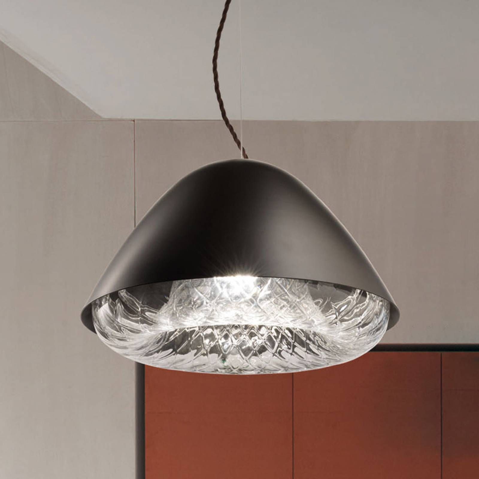 Vistosi Závesná lampa Kira SP P E27 krištáľové sklo čierna, Obývacia izba / jedáleň, kov, krištáľ, E27, 77W, K: 20cm