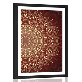 Plagát s paspartou zlatá Mandala na bordovom pozadí - 30x45 silver