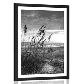 Plagát s paspartou západ slnka na pláži v čiernobielom prevedení - 60x90 black