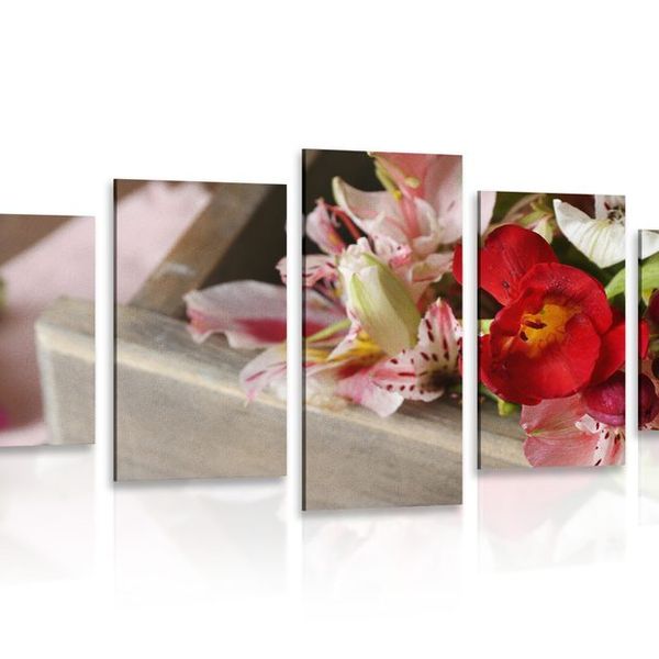 5-dielny obraz kompozícia jarných kvetov v drevenom šuplíku - 200x100