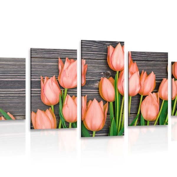 5-dielny obraz očarujúce oranžové tulipány na drevenom podklade - 200x100