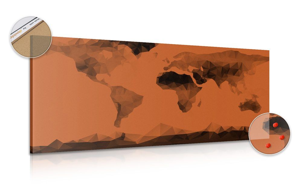 Obraz na korku mapa sveta v polygonálnom štýle v oranžovom odtieni - 120x60
