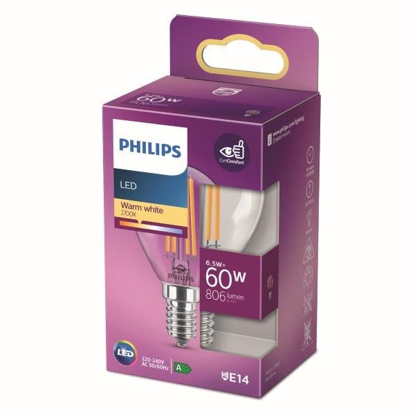 Philips 8718699762292 LED žiarovka classic E14 6,5W/60W 806lm 2700K P45 kvapka filament