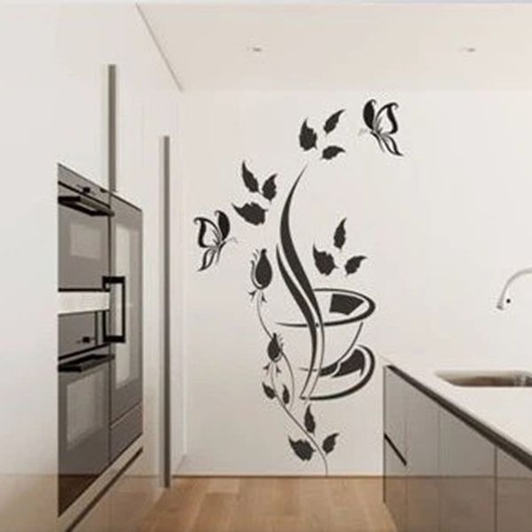DomTextilu Nálepka na stenu do kuchyne s motívom kvetov, motýľa a šálky 60 x 120 cm