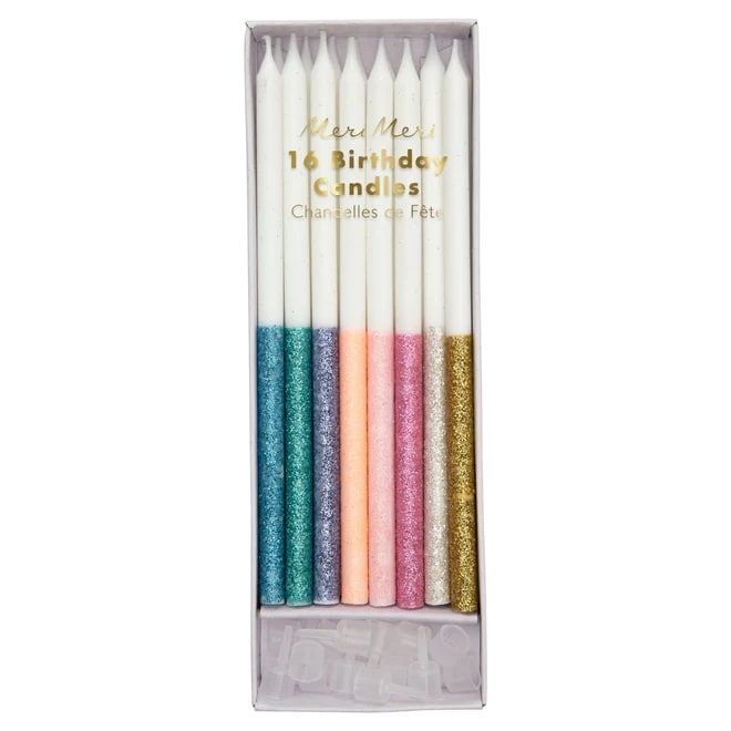 Meri Meri Tortové sviečky Multicolour Glitter Dipped 16 ks