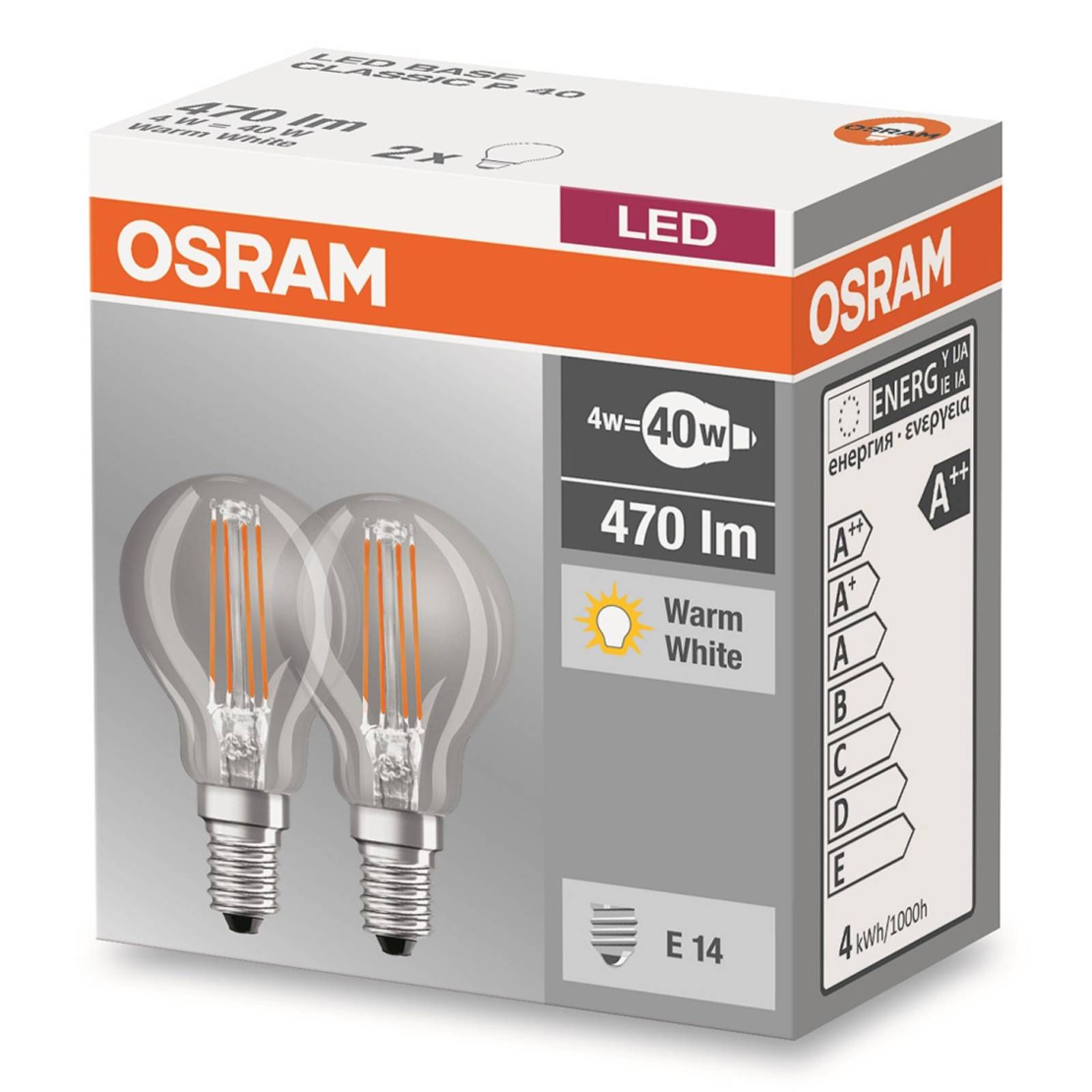OSRAM E14 4W 827 Kvapková LED žiarovka sada 2 kusov, sklo, E14, 4W, Energialuokka: E, P: 7.7 cm
