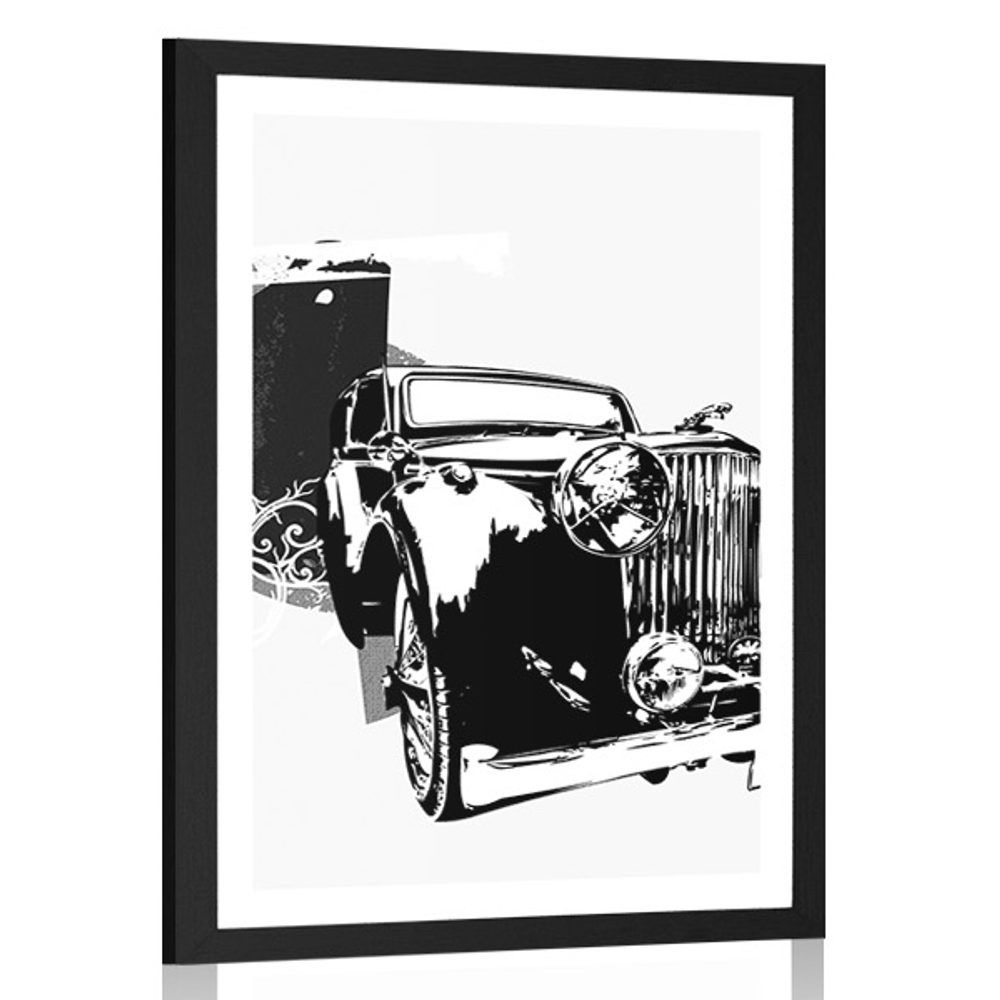 Plagát s paspartou čiernobiele retro auto s abstrakciou