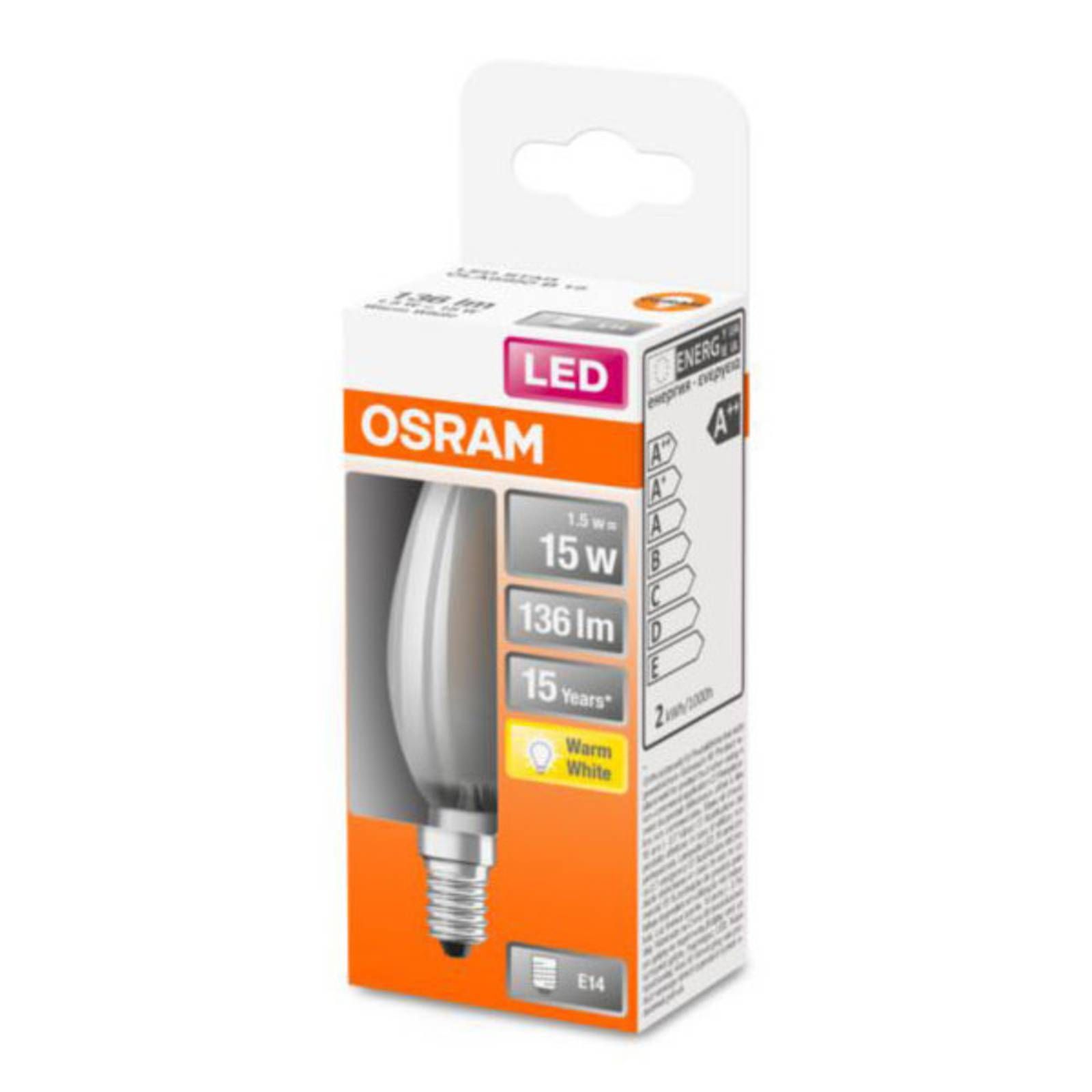 OSRAM Classic B LED žiarovka E14 1, 5W 2.700K matná, E14, 1.5W, Energialuokka: F, P: 10 cm