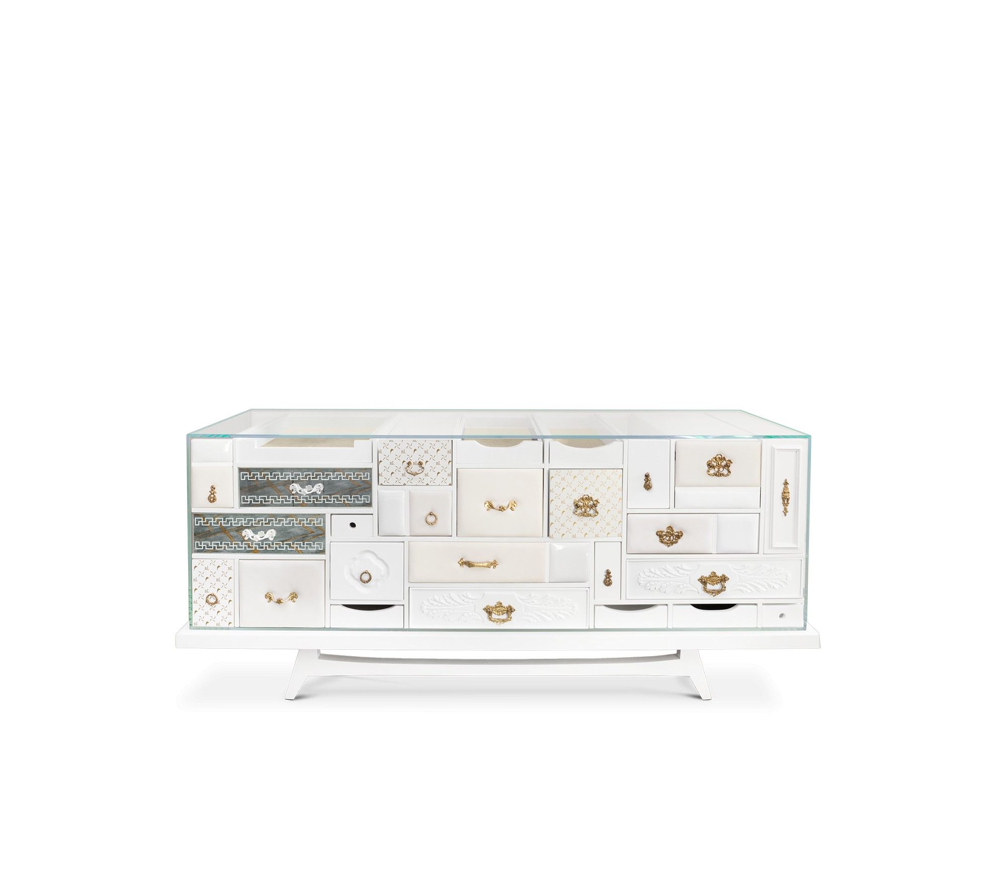 Estila Luxusná biela masívna komoda Mondrian v prestížnom vyhotovení s dizajnovými zásuvkami 186cm