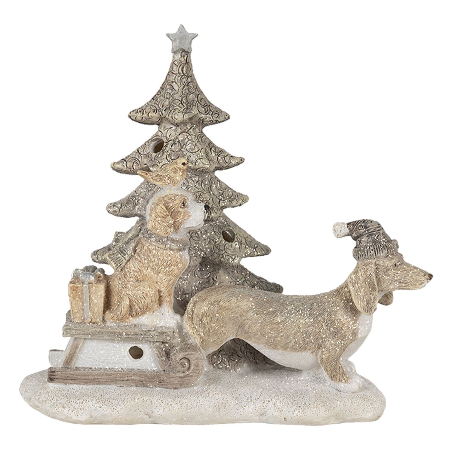 Vianočné dekoratívne soška psíkov u stromčeku s darčekmi a saňami - 16 * 8 * 15 cm LED osvetlenie