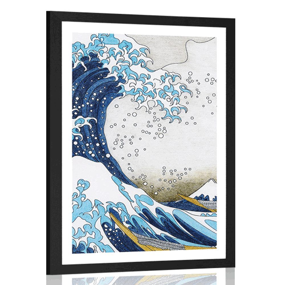 Plagát s paspartou reprodukcia Veľká vlna z Kanagawa - Kacušika Hokusai - 20x30 black
